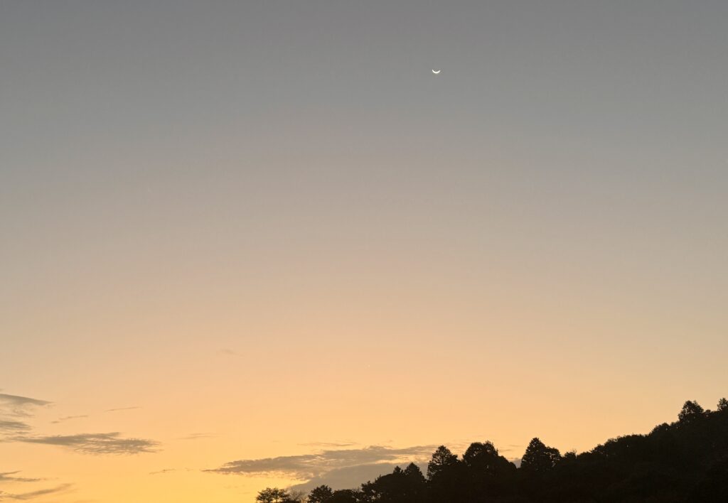 神無月の黎明、朝陽に照らされる下弦の月。神嘗祭の朝、境内にて