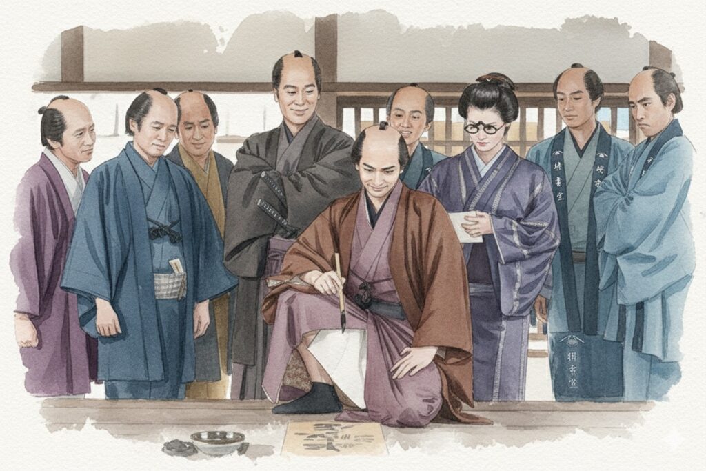 江戸の本屋で木札を整える蔦重の日本画風イラスト