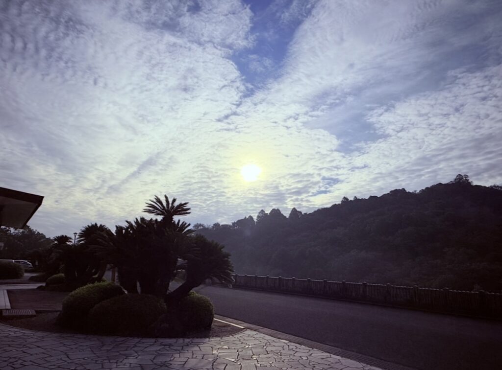 　うろこ状に並んだ巻積雲のもと、朝の太陽が柔らかく射す。前景は参道と植栽